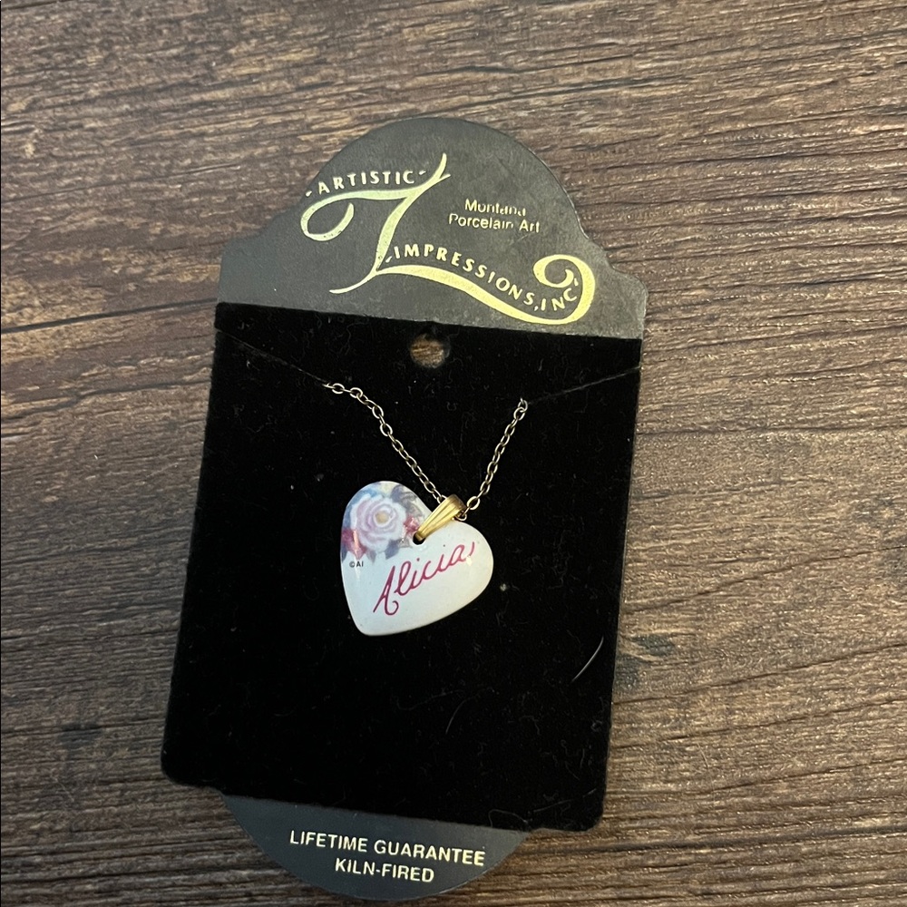 NWT Artistic Impression White Pink Heart Porcelain Necklace Floral Design Alicia